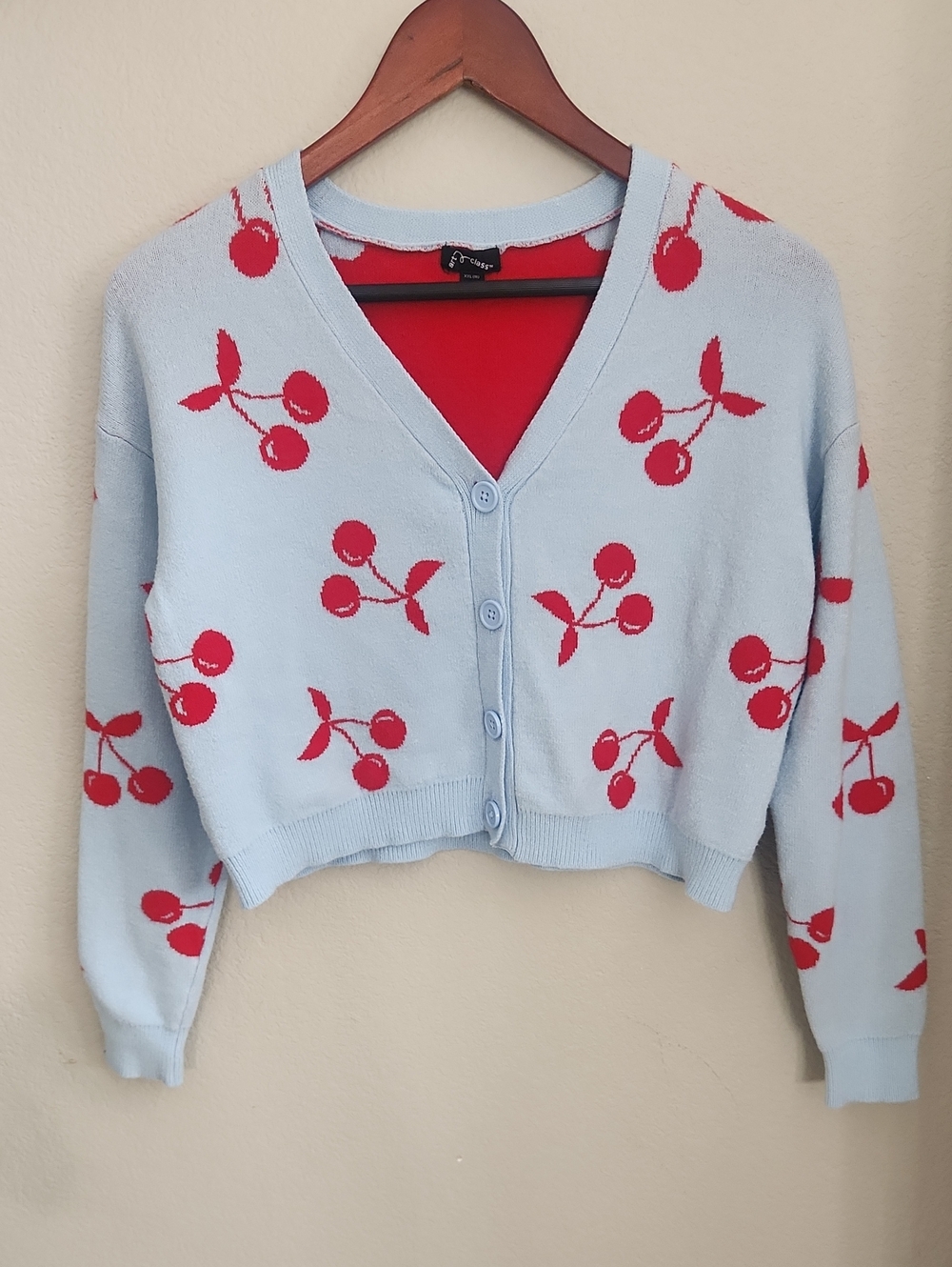 Art Class Light Blue Cropped Cherry-Print Cardigan Big Girl Sz XXL (18)